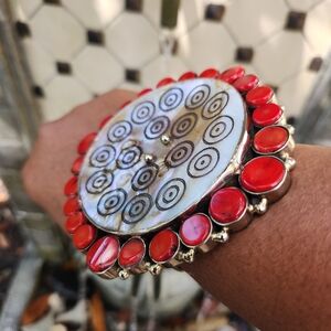 Boutique Item! Coral & Mother of Pearl Gemstone Encrusted Cuff Bracelet -Only 1!